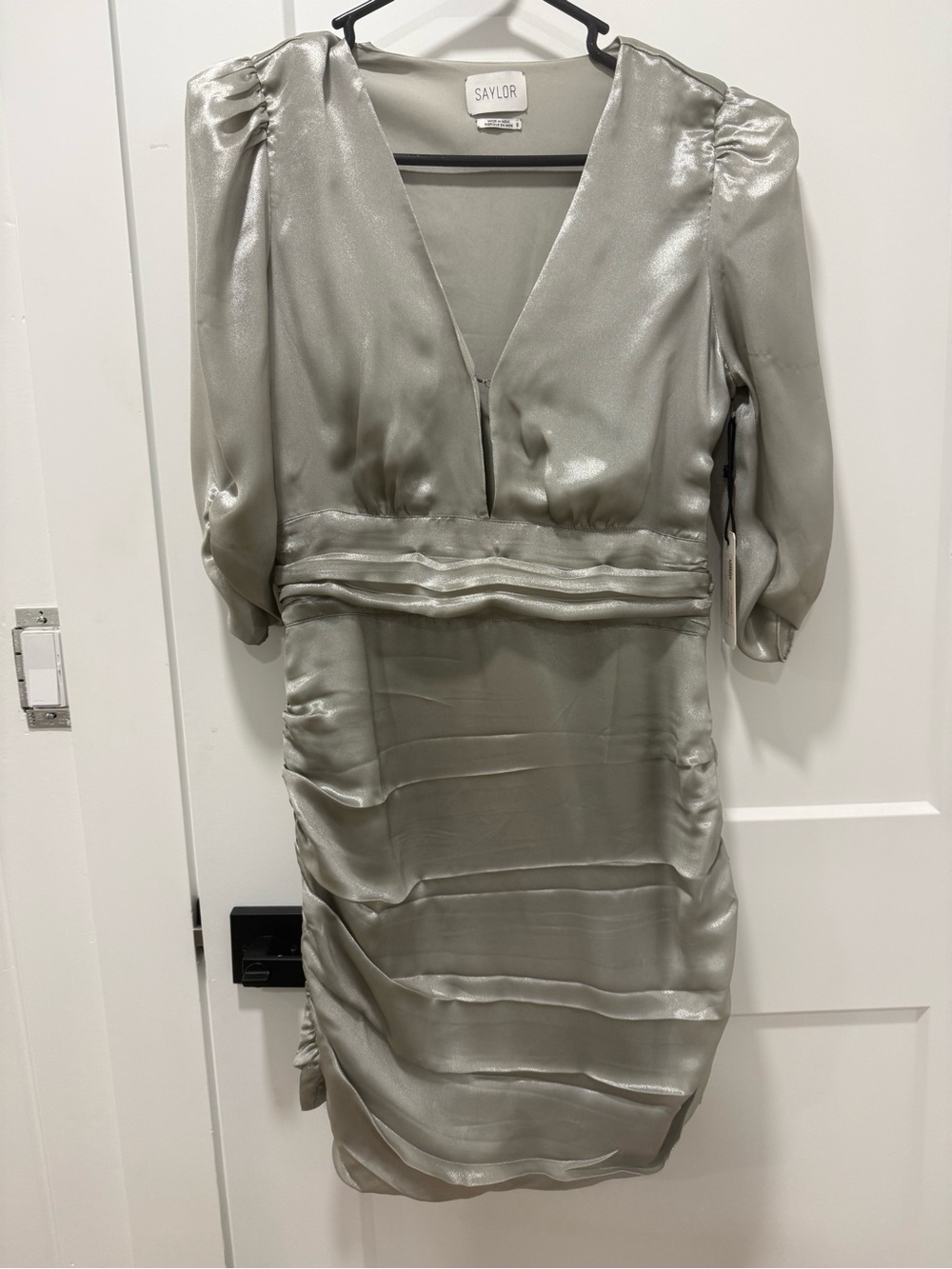 SAYLOR Silver Satin V-Neck Mini Dress-NEVER WORN-Retail-$242